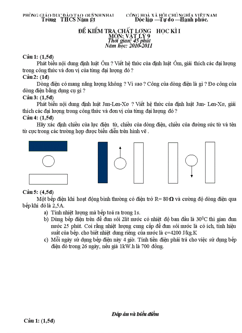 Đề kiểm tra học kỳ 1 môn Vật lý lớp 9