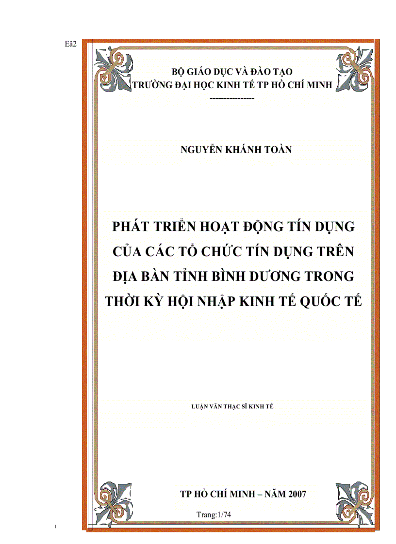 Phát triển hoạt động tín dụng của các tổ chức tín dụng trên địa bàn tỉnh Bình Dương trong thời kỳ hội nhập kinh tế quốc tế