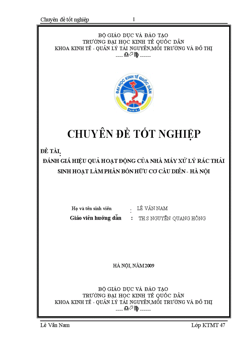 Đánh giá hiệu quả hoạt động của nhà máy xử lý rác thải sinh hoạt làm phân bón hữu cơ cầu diễn hà nội