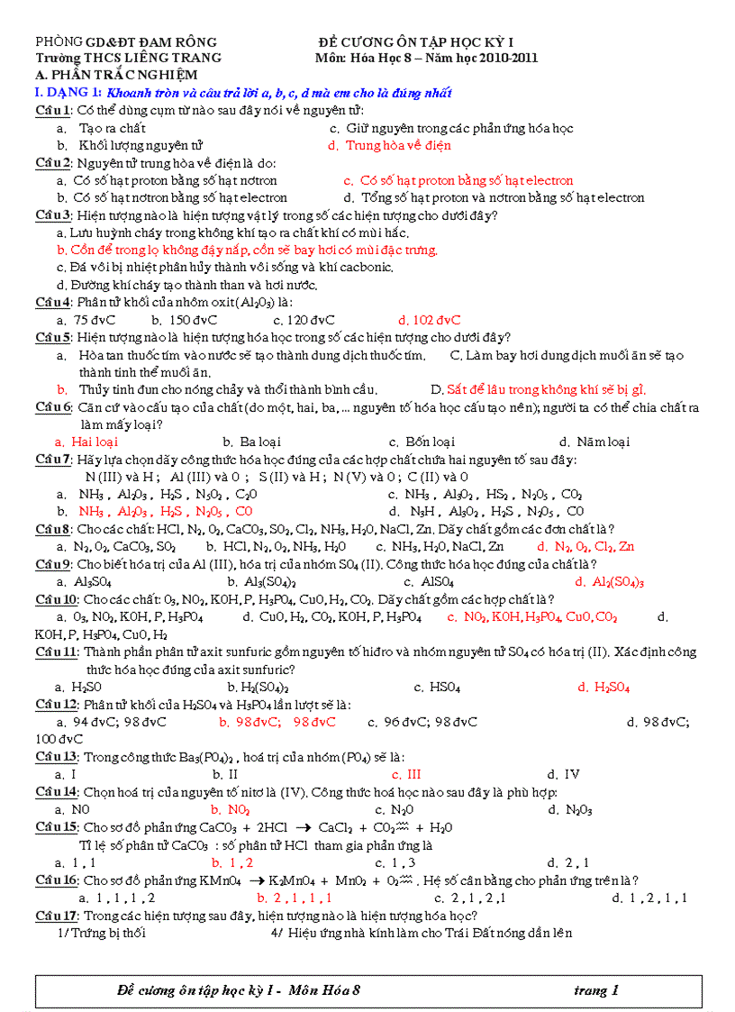Đề cương môn Hóa lớp 8 Gia Lai