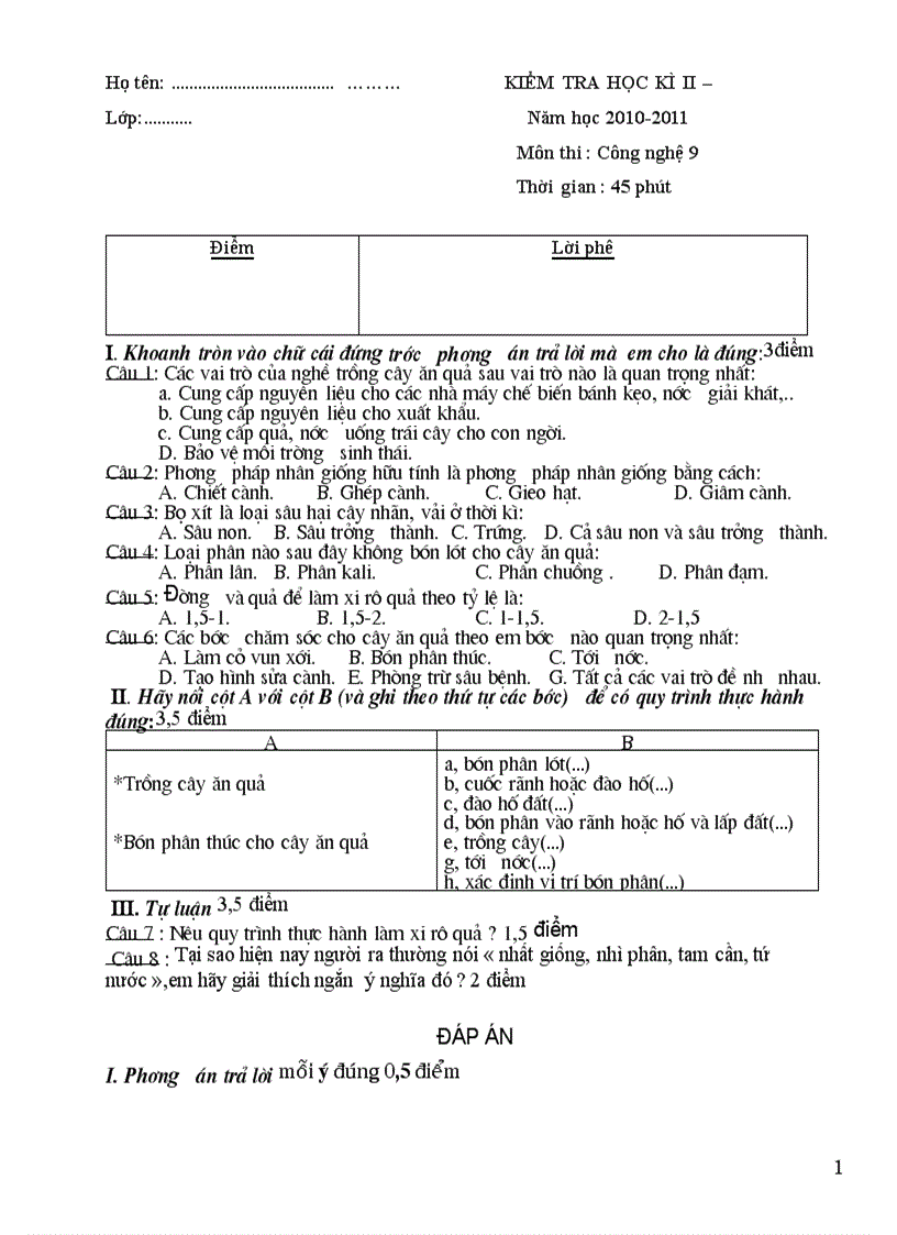 KIỂM TRA HỌC KÌ II Năm học 2010 2011 Môn thi Công nghệ Thời gian 45 phút