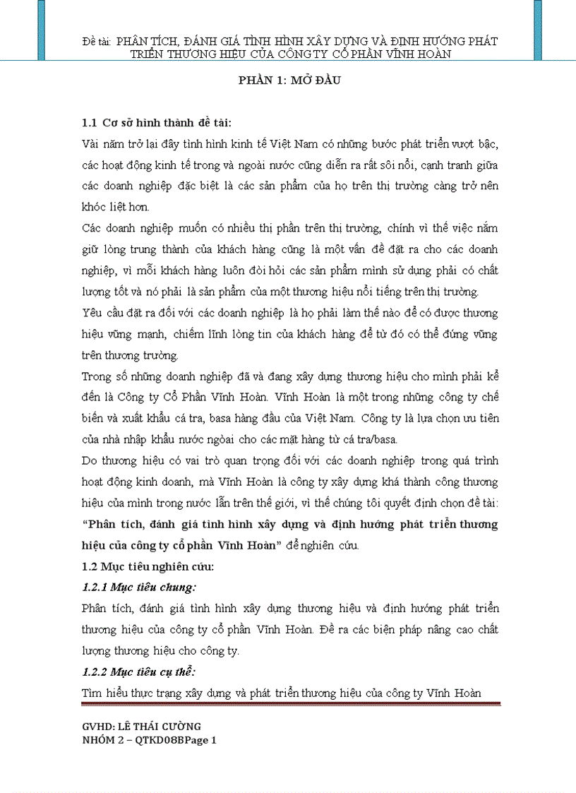 Phân tích đánh giá tình hình xây dựng và định hướng phát triển thương hiệu của công ty cổ phần Vĩnh Hoàn