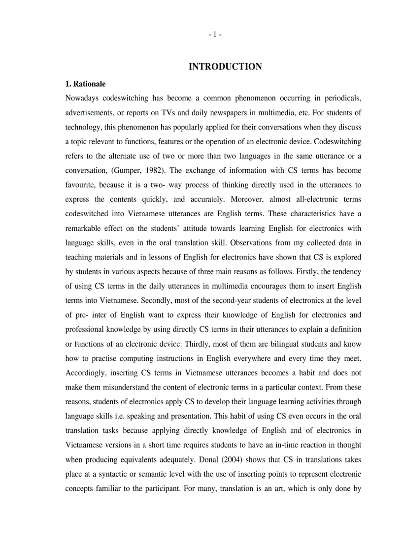 A study on code switching techniques used in translating English terms and Vietnamese equivalents in electronics