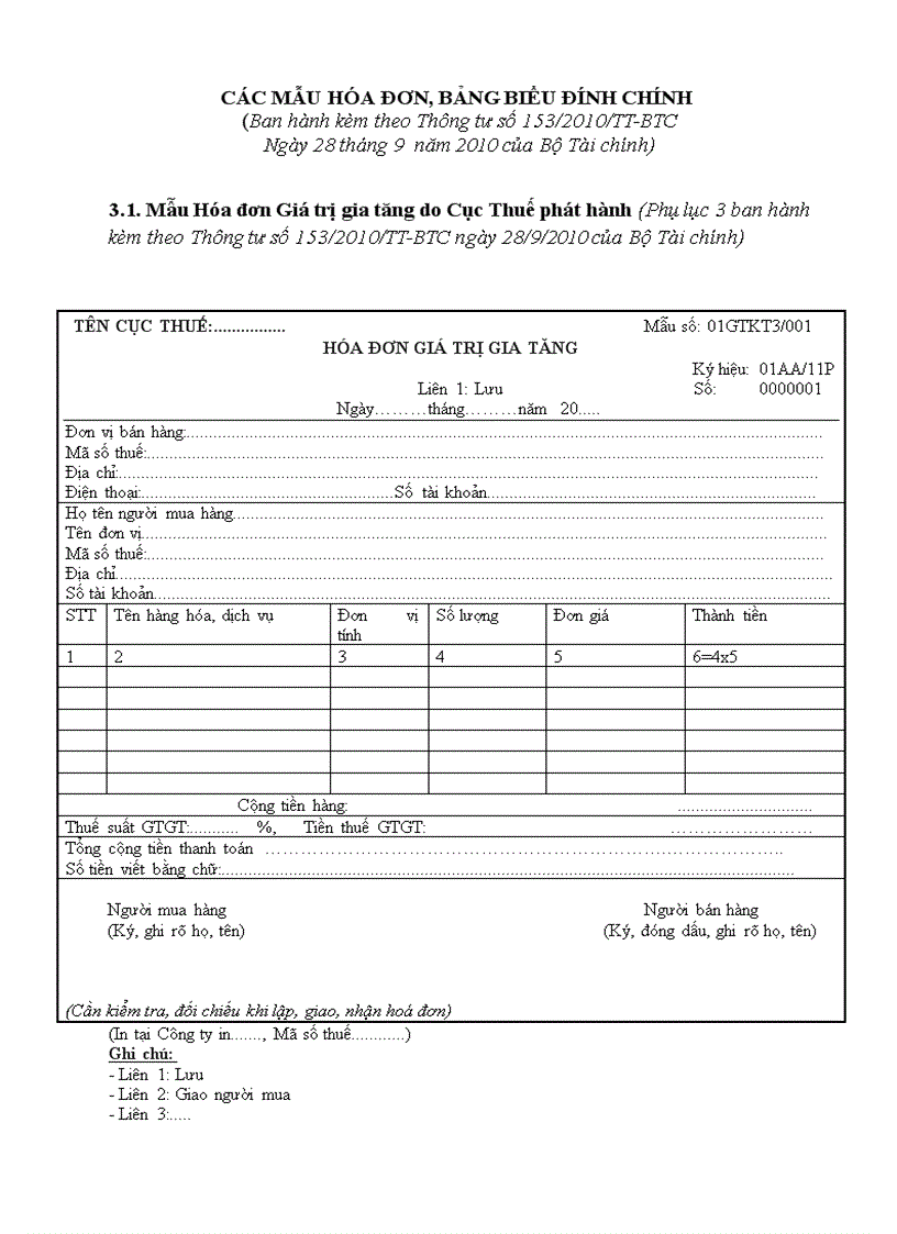 Mẫu Hóa đơn Bảng biểu ban hành kèm theo Thông tư số 153 2010 TT BTC