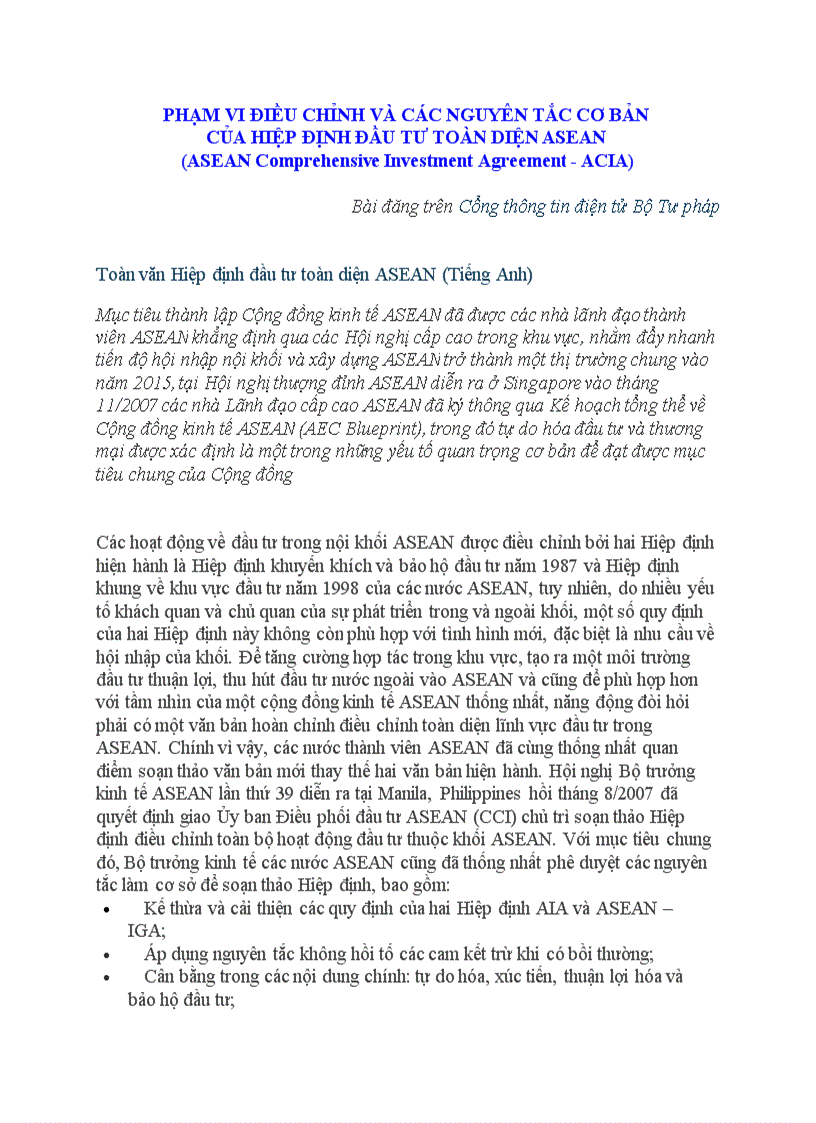 Phạm vi điều chỉnh và các nguyên tắc cơ bản của hiệp định đầu tư toàn diện asean
