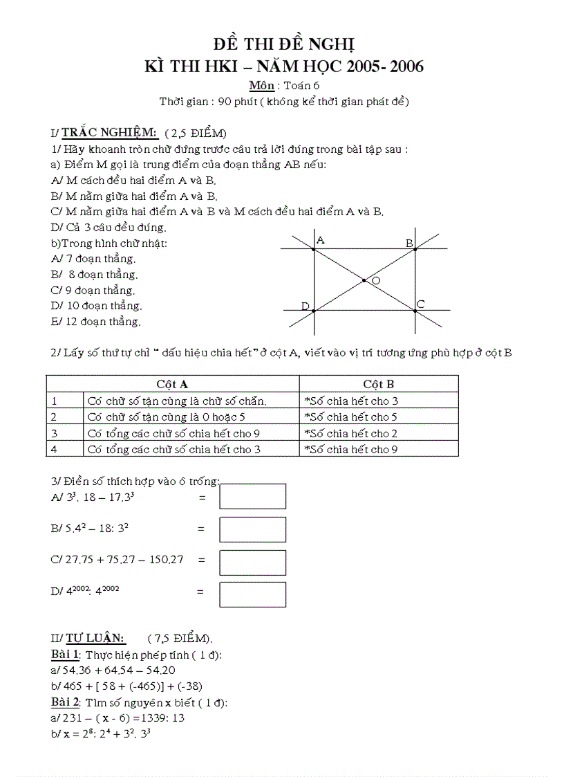 Đề thi đề nghị kì thi hki lớp 6 năm học 2005 2006