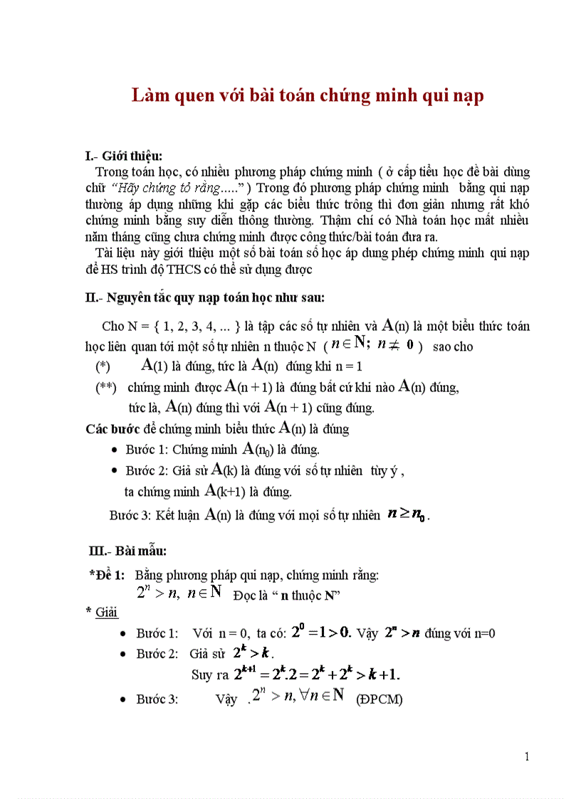 Làm quen toán chứng minh bằng qui nạp