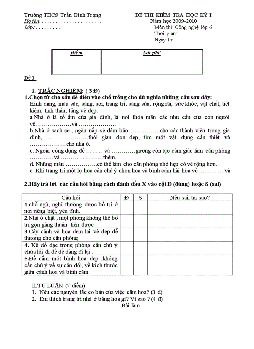 Đề thi công nghệ học kỳ lớp 6