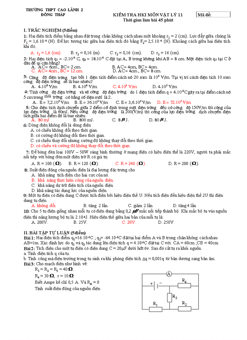 KIỂM TRA HKI MÔN VẬT LÝ 11 Thời gian làm bài 45 phút