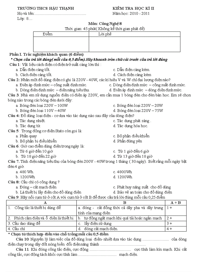 KIỂM TRA HỌC KÌ II Năm học 2010 2011 Môn Công Nghệ 8