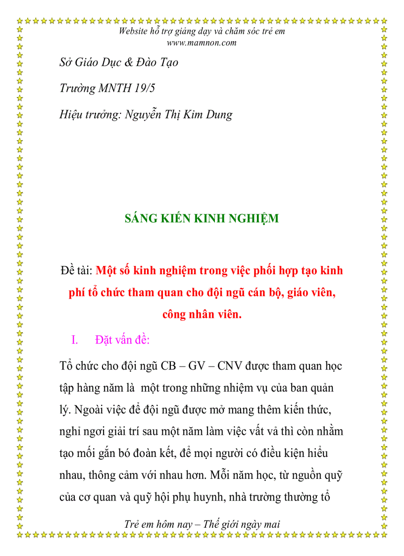 Một số kinh nghiệm trong việc phối hợp tạo kinh phí tổ chức tham quan cho đội ngũ cán bộ giáo viên công nhân viên