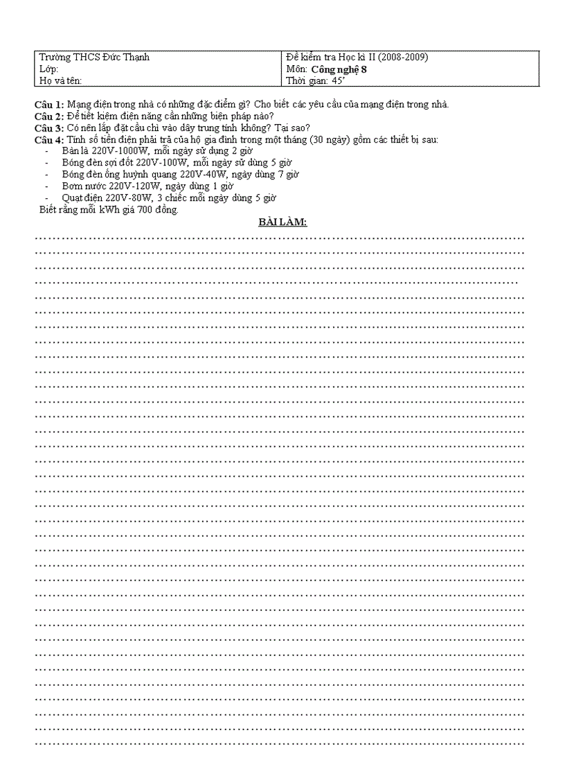 Đề kiểm tra Học kì II 2008 2009 Môn Công nghệ 8