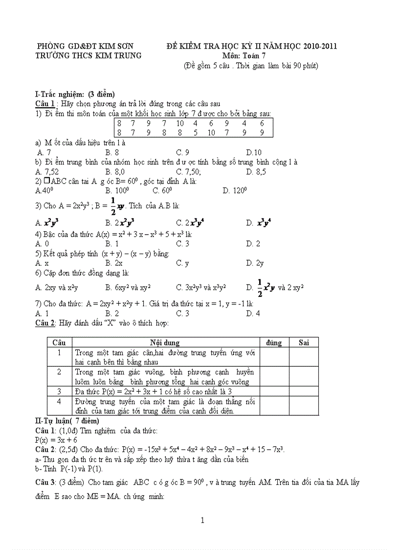 Đề kiểm tra học kỳ II năm học 2010 2011 của trường THCS Kim Trung