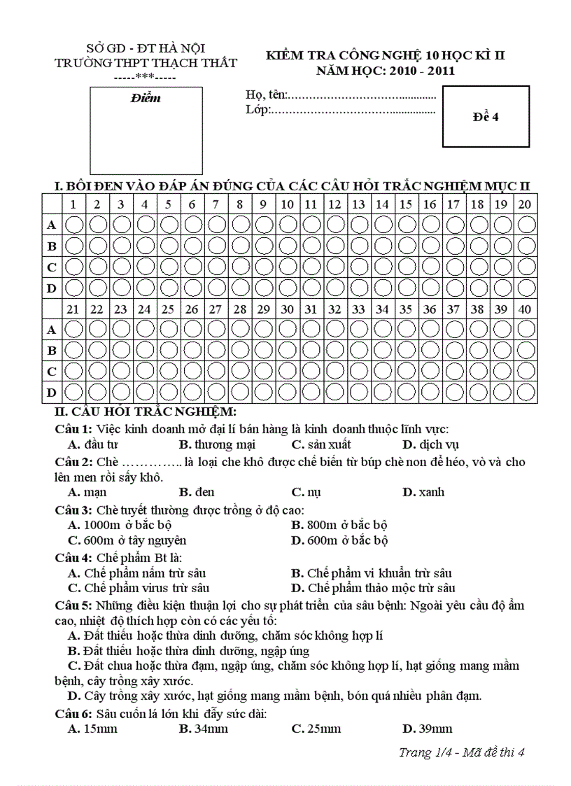 Kiểm tra công nghệ 10 học kì ii năm học 2010 2011