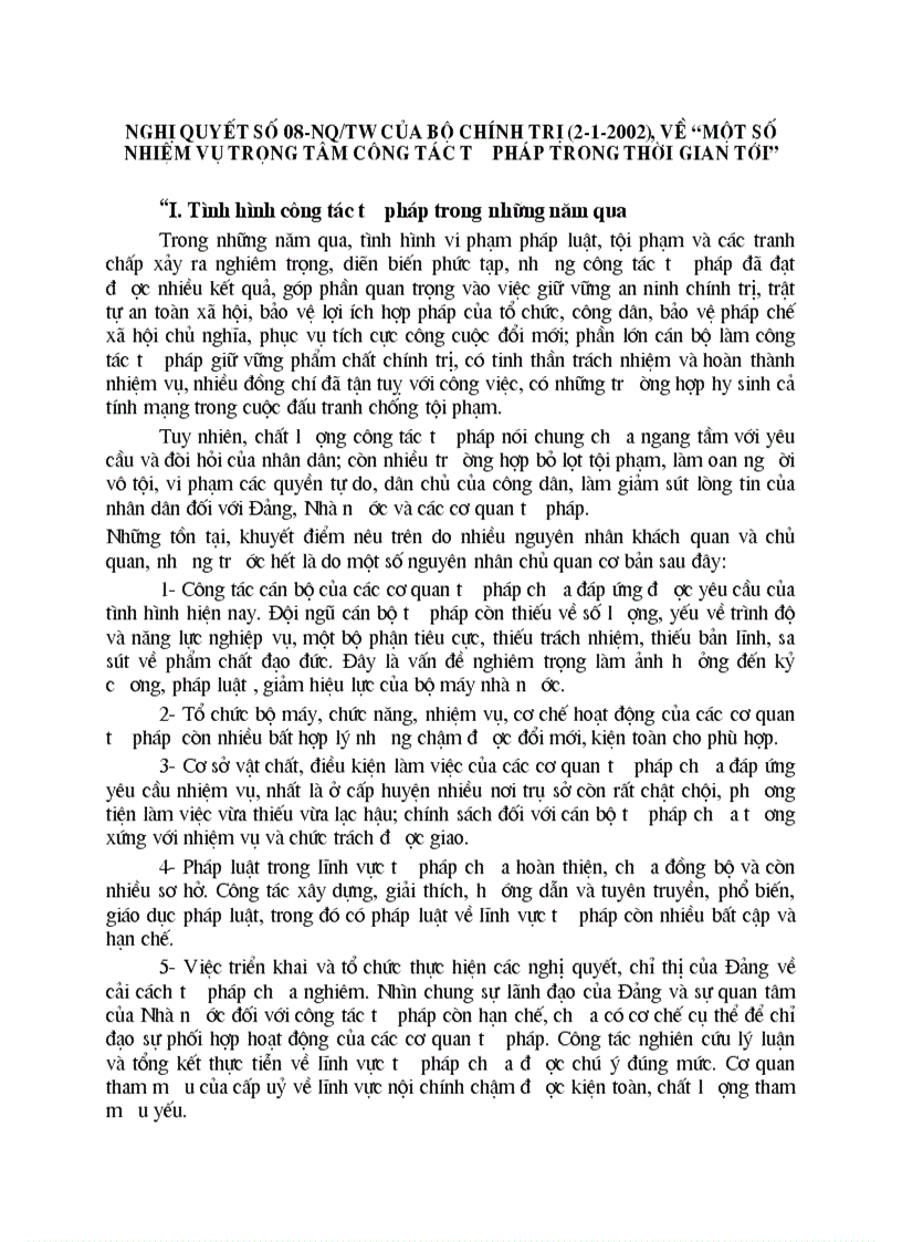 Nghị quyết số 08 NQ TW của Bộ Chính trị 2 1 2002 về một số nhiệm vụ trọng tâm công tác tư pháp trong thời gian tới