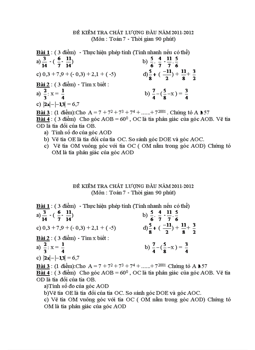 Đề kiểm tra chất lượng đầu năm lớp 7 năm học 2011 2012