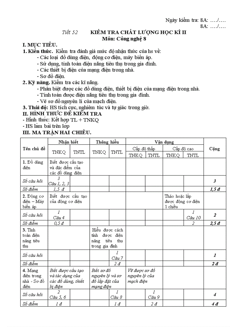 KIỂM TRA CHẤT LƯỢNG HỌC KÌ II Môn Công nghệ 8