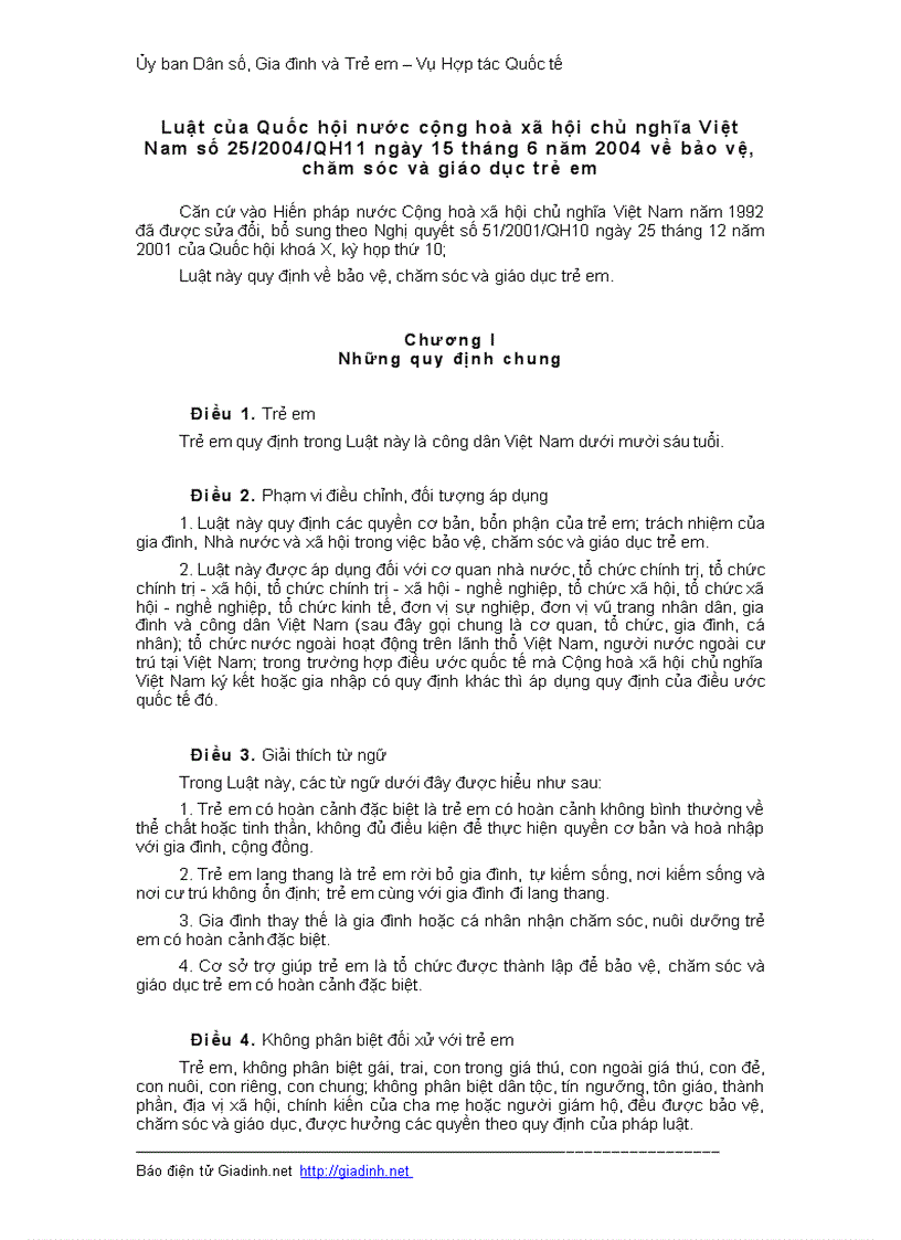 Luật bảo vệ chăm sóc và giáo dục trẻ em 2004