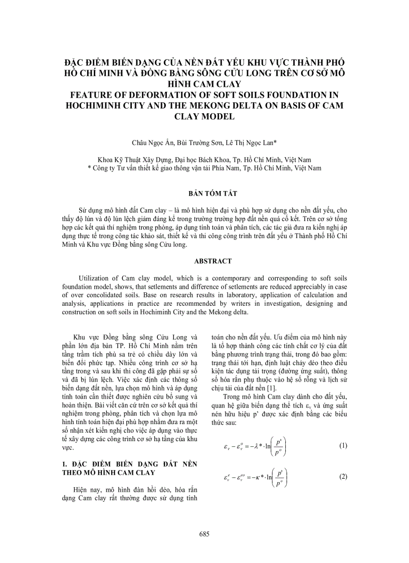 Đặc điểm biến dạng của nền đất yếu khu vực thành phố hồ chí minh và đồng bằng sông cửu long trên cơ sở mô hình cam clay