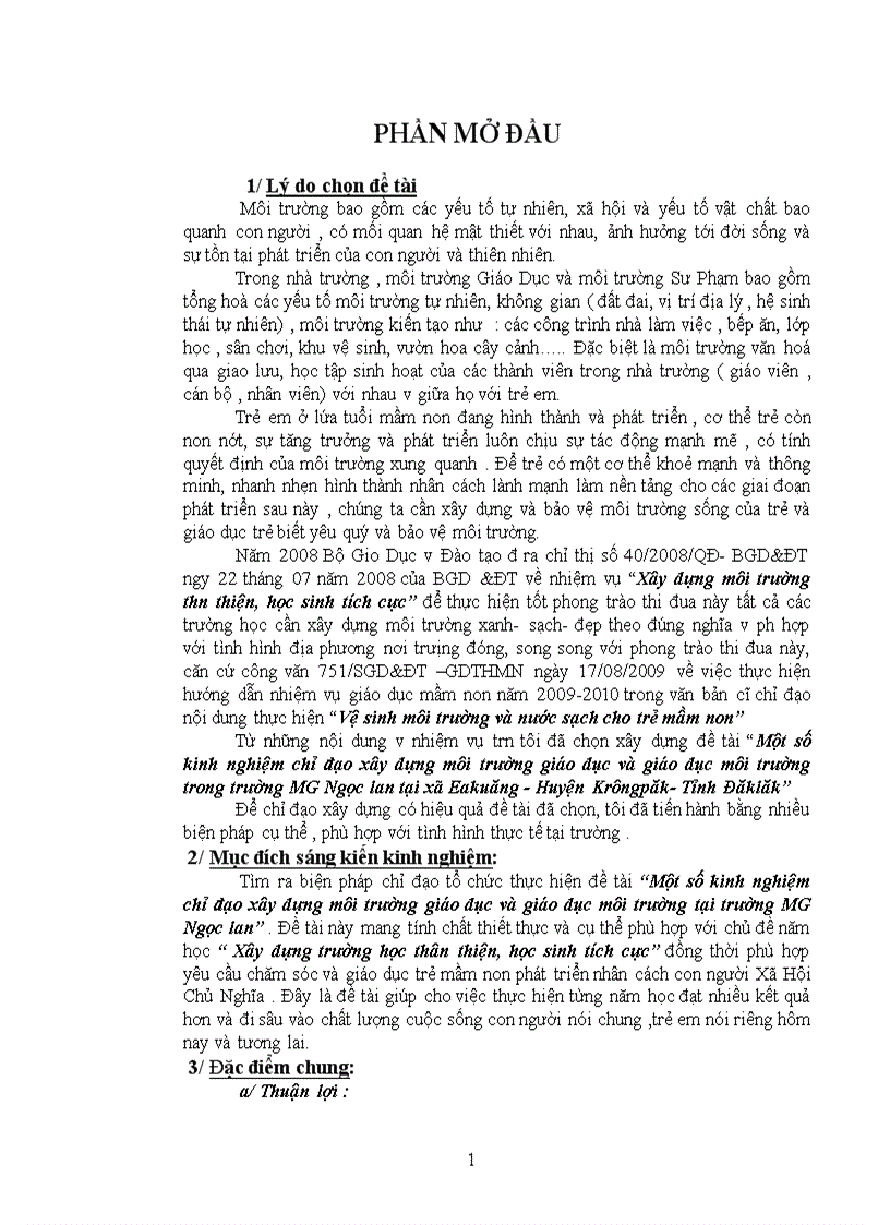 Một số kinh nghiệm chỉ đạo xây dựng môi trường giáo dục và giáo dục môi trường trong trường MG Ngọc lan tại xã Eakuăng Huyện Krôngpăk Tỉnh Đăklăk