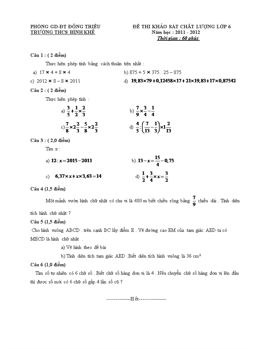 Đáp án đề thi khảo sát chất lượng đầu năm môn toán lớp 6