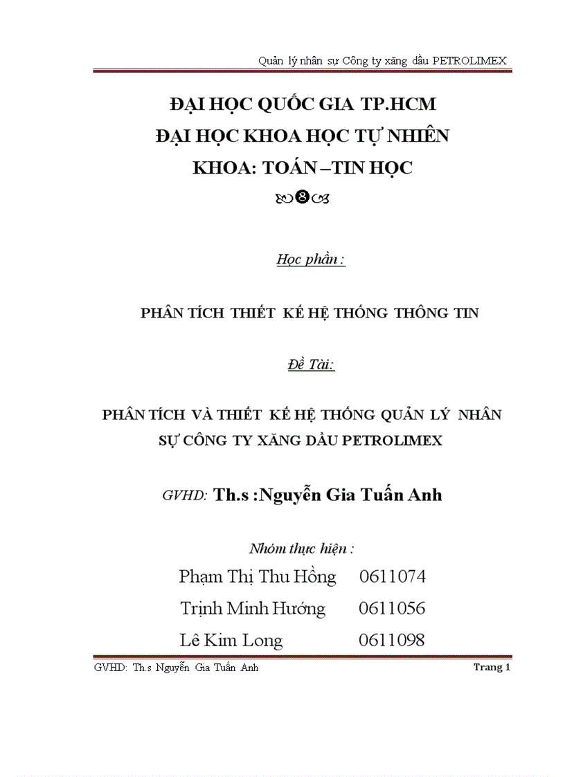 Phân tích và thiết kế hệ thống quản lý nhân sự công ty xăng dầu petrolimex