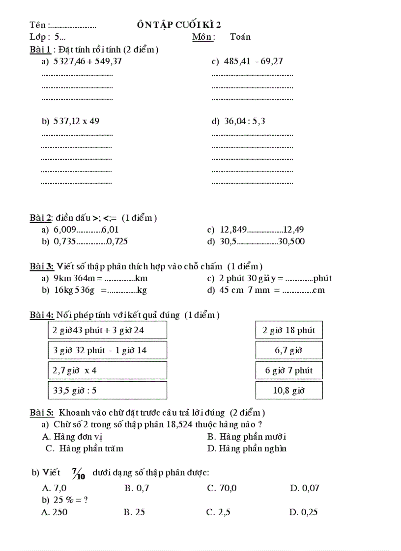 Ôn tập toán lớp 5