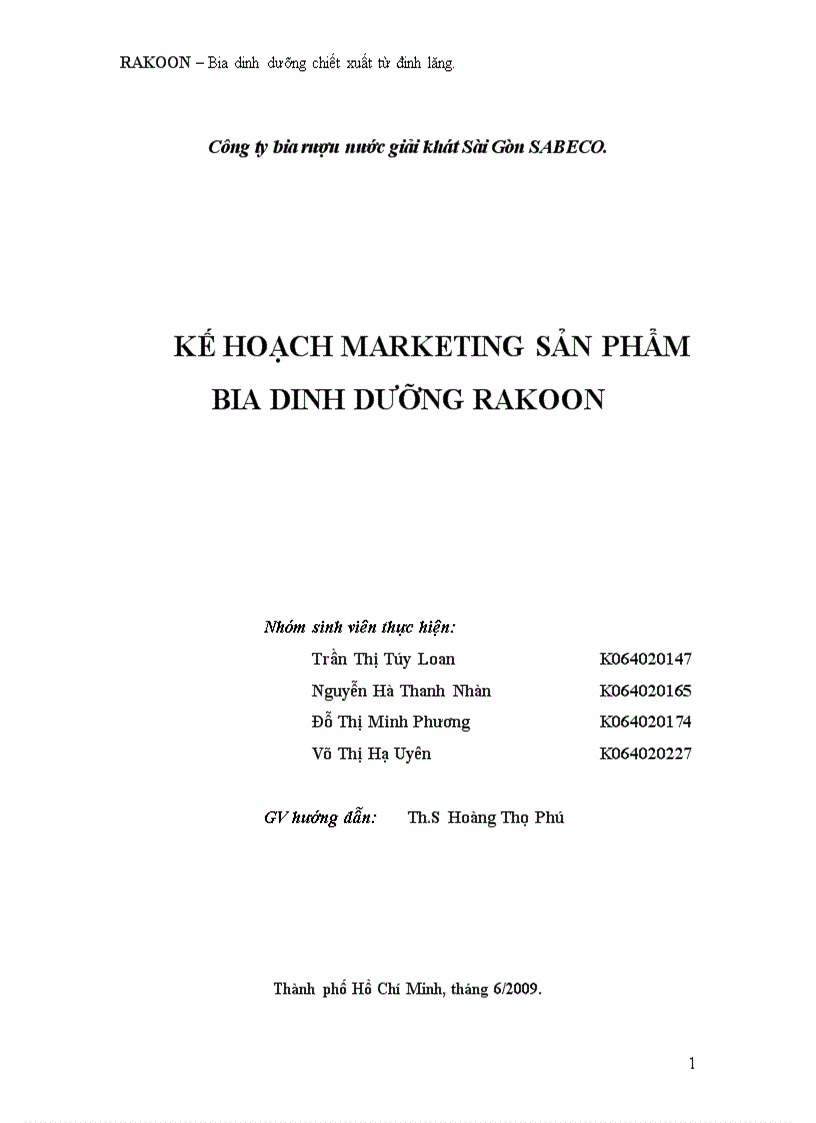 Kế hoạch marketing sản phẩm bia dinh dưỡng rakoon