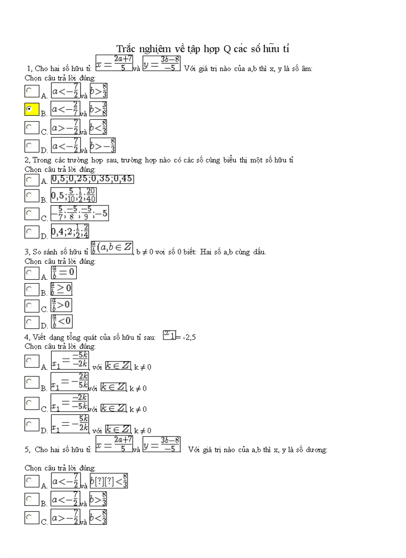 Trắc nghiệm số hửu tỉ