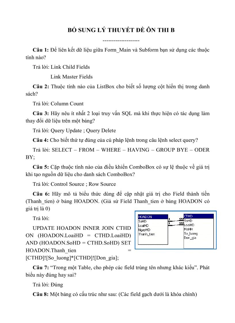 Một số câu hỏi lý thuyết Microsoft Access