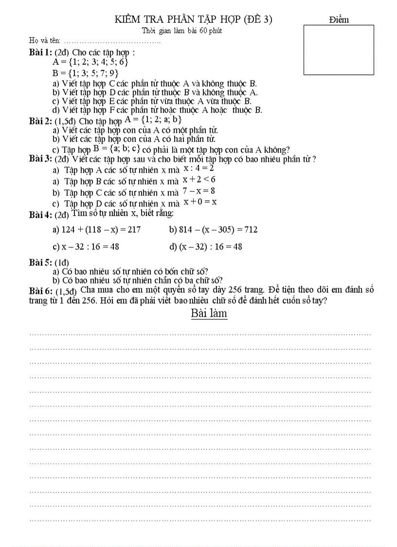 Đề 3 Đáp án kiểm tra phần tập hợp lớp 6 cho học sinh trung bình