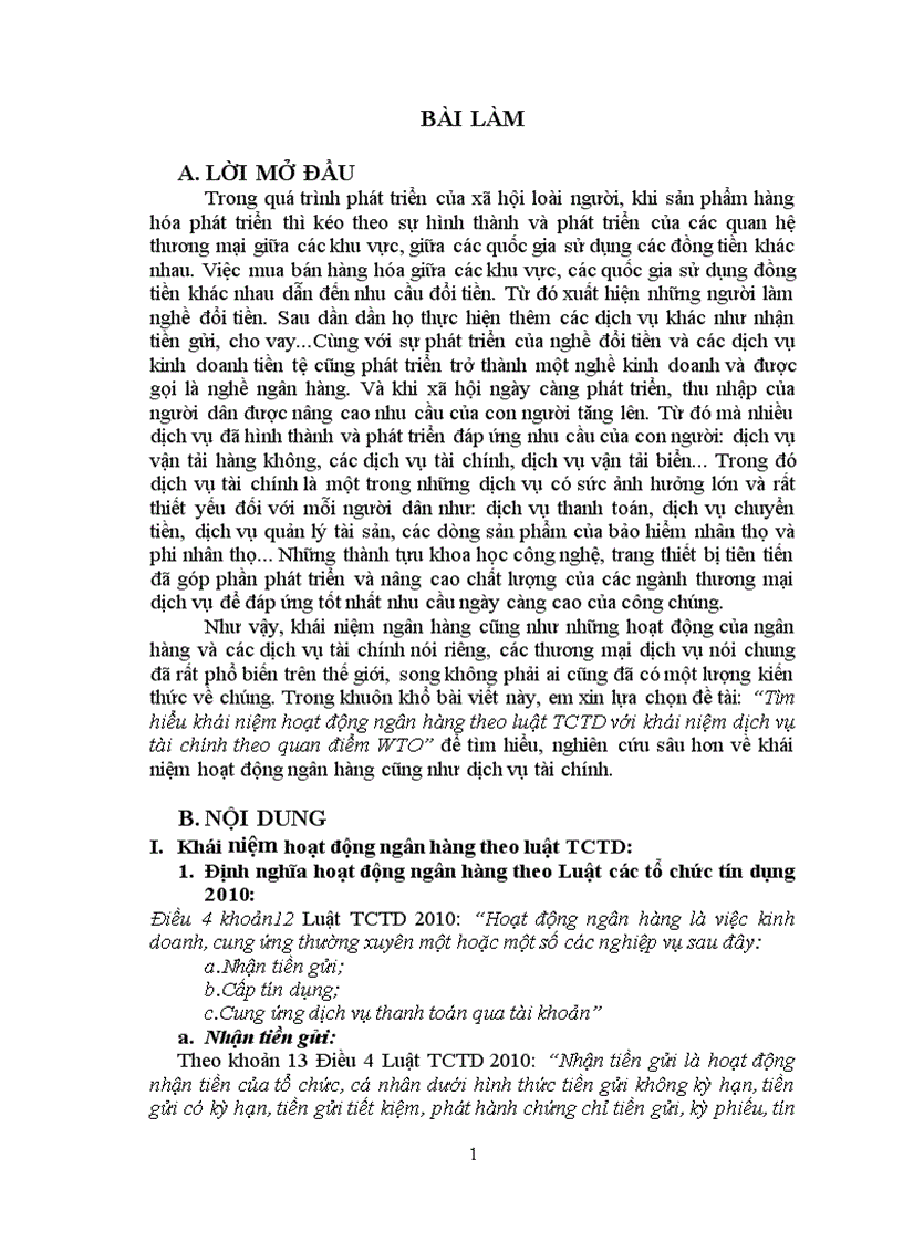 Tìm hiểu khái niệm hoạt động ngân hàng theo luật TCTD với khái niệm dịch vụ tài chính theo quan điểm WTO
