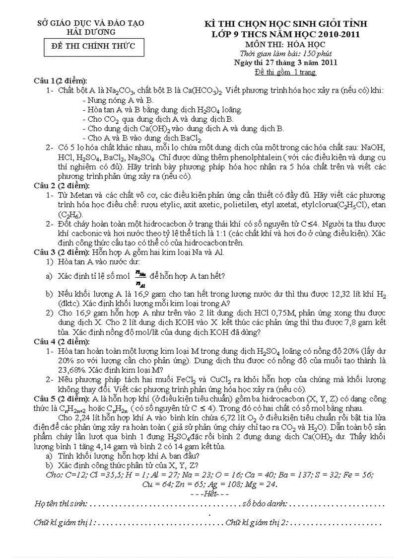 KÌ THI CHỌN HỌC SINH GIỎI TỈNH HẢI DƯƠNG LỚP 9 THCS NĂM HỌC 2010 2011 MÔN THI HÓA HỌC năm 2011