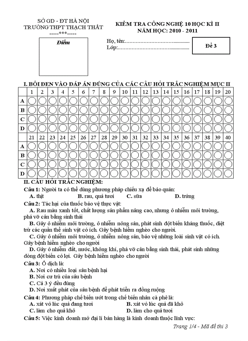 Kiểm tra công nghệ 10 học kì ii năm học 2010 2011 1