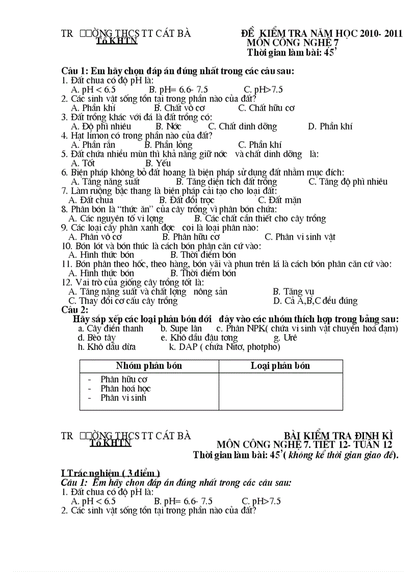 Đề kiểm tra năm học 2010 2011 Môn công nghệ 7