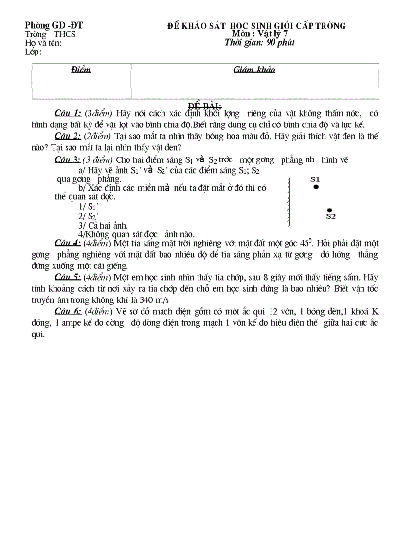 Đề khảo sát học sinh giỏi cấp trường Môn Vật lý 7 Thời gian 90 phút