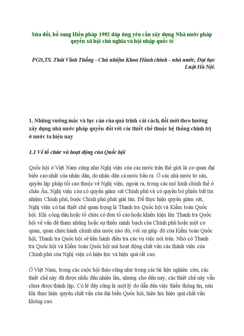 Bài viết Sửa đổi bổ sung Hiến pháp 1992 đáp ứng yêu cầu xây dựng Nhà nước pháp quyền xã hội chủ nghĩa và hội nhập quốc tế