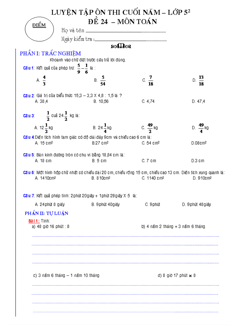 Luyện tập ôn thi cuối năm lớp 5 đề 24 môn toán