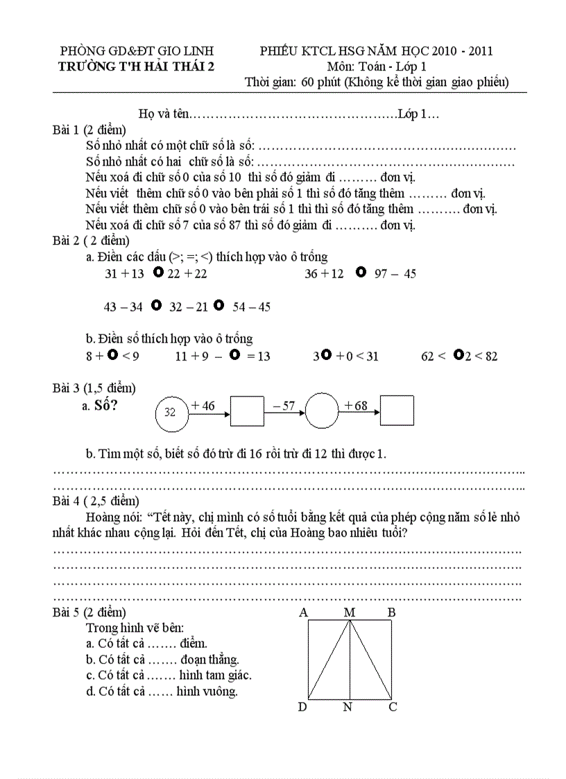 PHIẾU KTCL HSG NĂM HỌC 2010 2011 Môn Toán Lớp 1