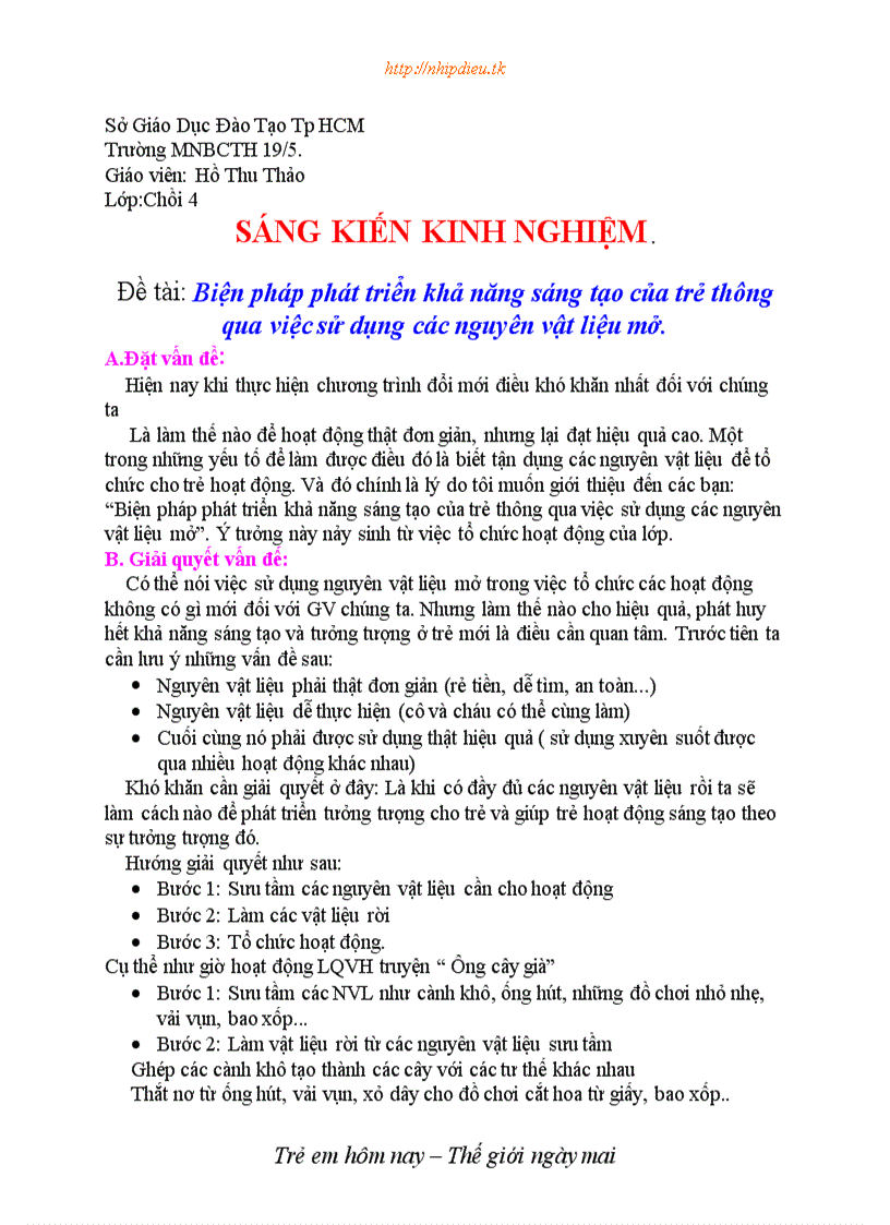 Biện pháp phát triển khả năng sáng tạo của trẻ thông qua việc sử dụng các nguyên vật liệu mở