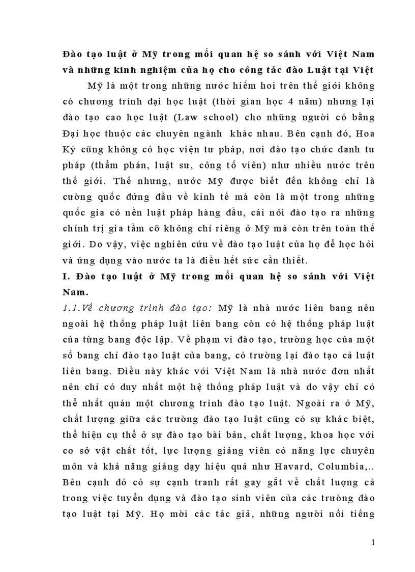 Đào tạo luật ở Mỹ trong mối quan hệ so sánh với Việt Nam và những kinh nghiệm của họ cho công tác đào Luật tại Việt nam