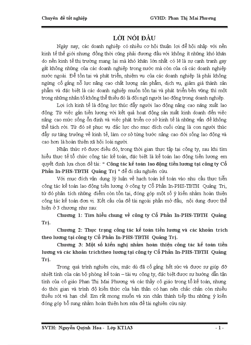 Công tác kế toán lao động tiền lương tại công ty Cổ Phần In PHS TBTH Quảng Trị