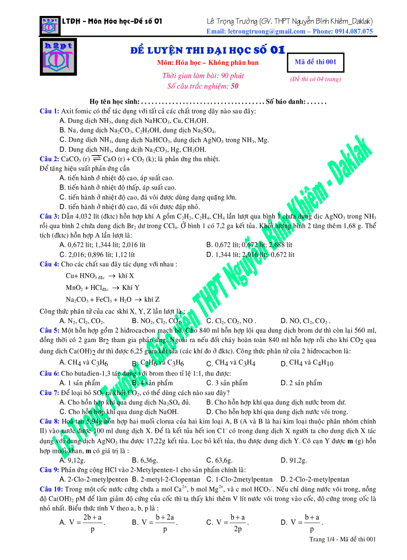 Đề luyện thi đại học số 1 môn hóa