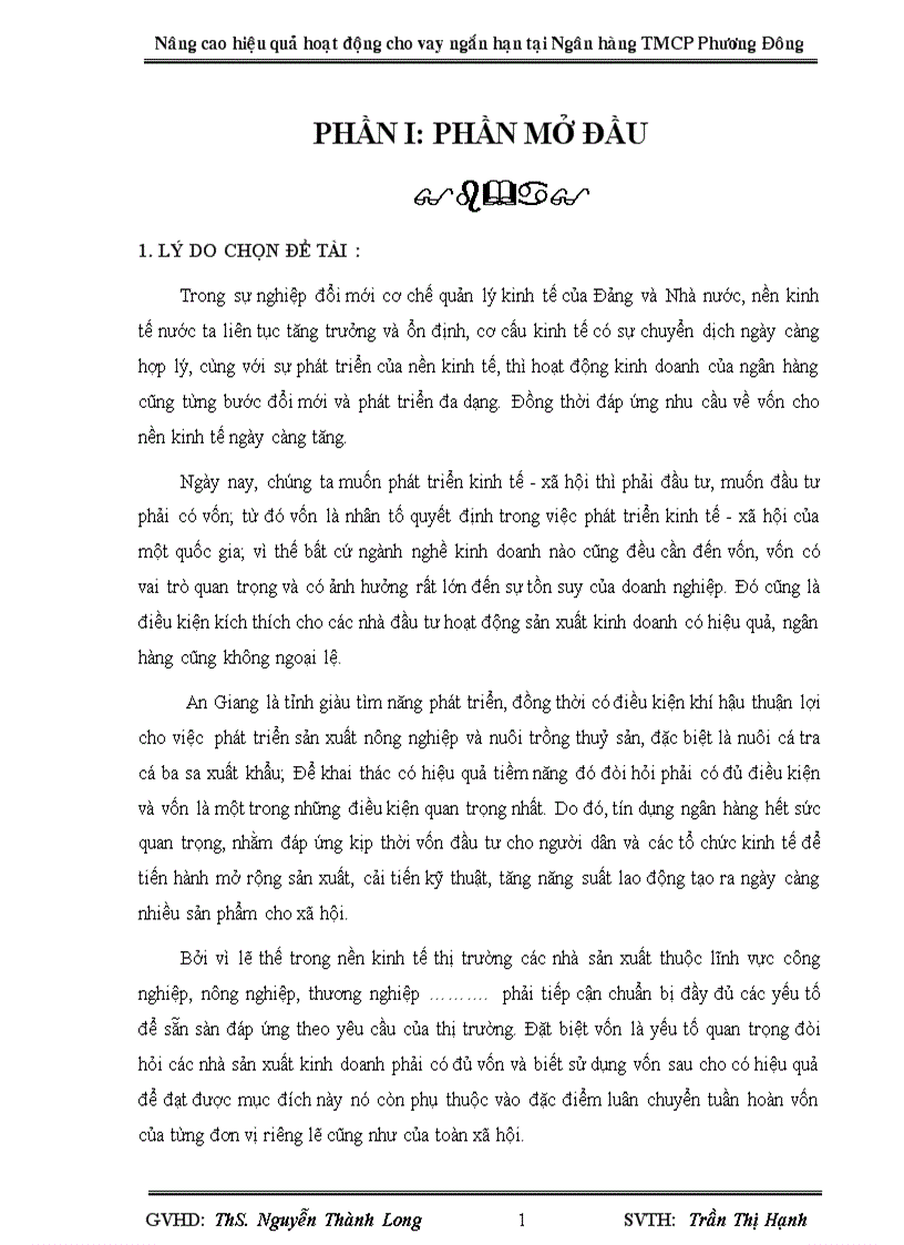 Nâng cao hiệu quả hoạt động cho vay ngắn hạn tại Ngân hàng thương mại cổ phần Phương Đông