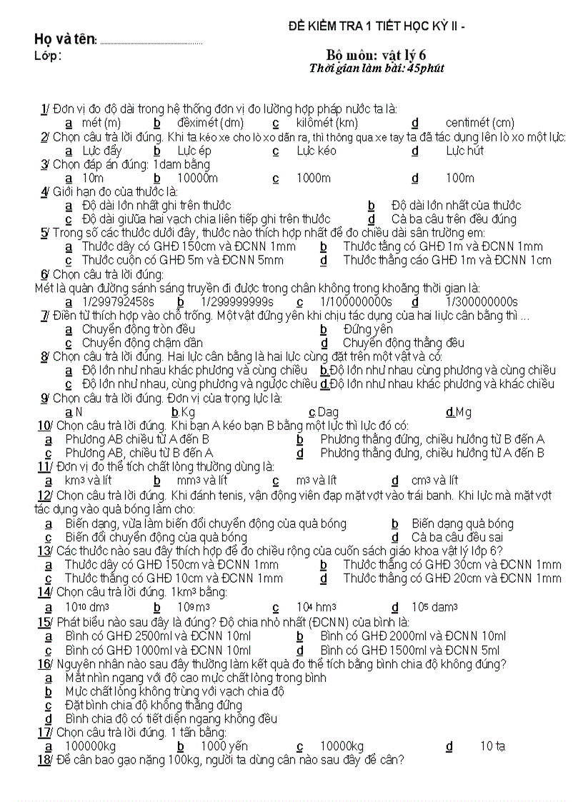 ĐỀ KIỂM TRA 1 TIẾT HỌC KỲ II môn vật lí 6