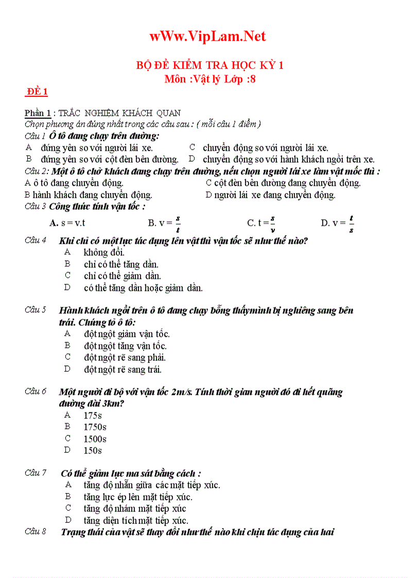 Bộ đề kiểm tra học kỳ 1 Môn Vật lý Lớp 8