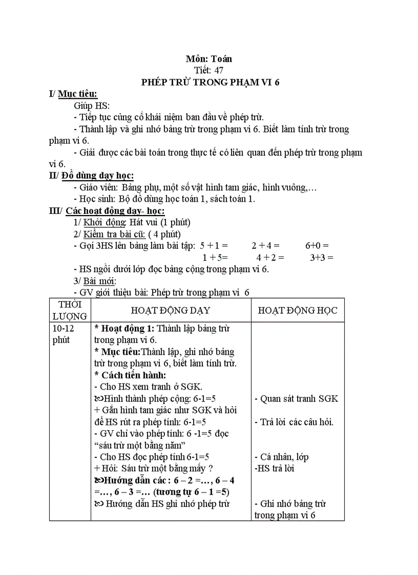 Toán PHÉP TRỪ TRONG PHẠM VI 6