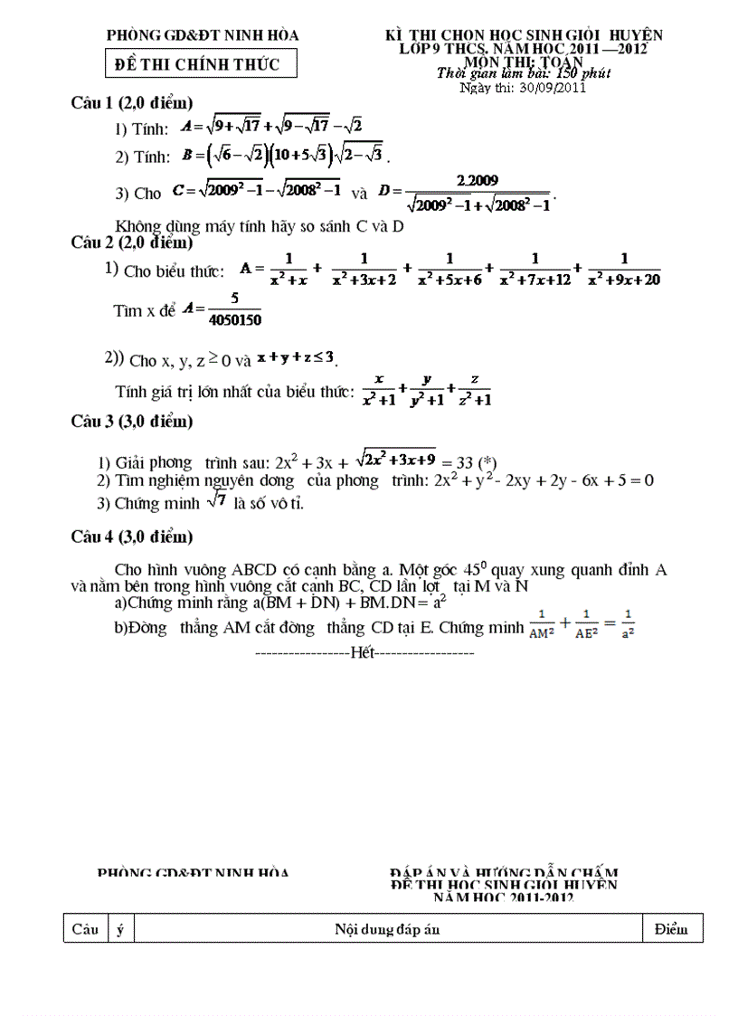 Kì THI CHọN HọC SINH GIỏI huyện LớP 9 THCS NĂM HọC 2011 2012 MÔN THI TOáN