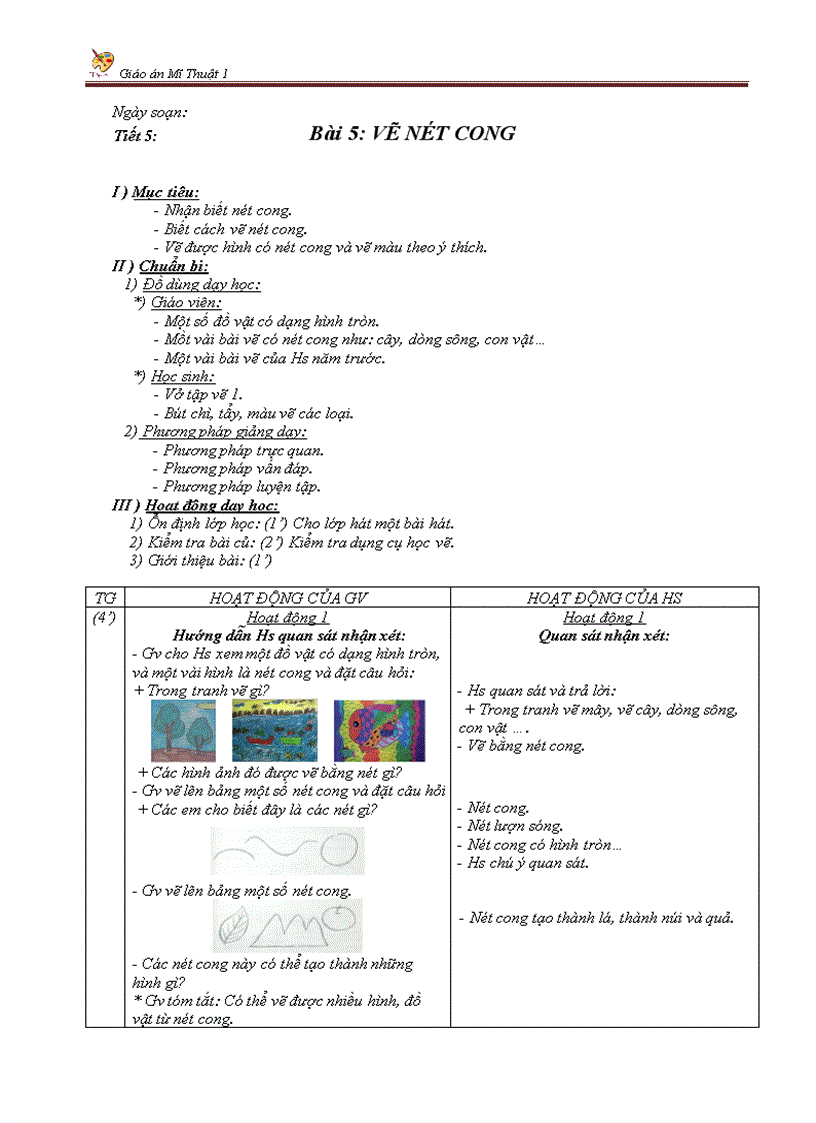 Giáo án mỹ thuật VẼ NÉT CONG