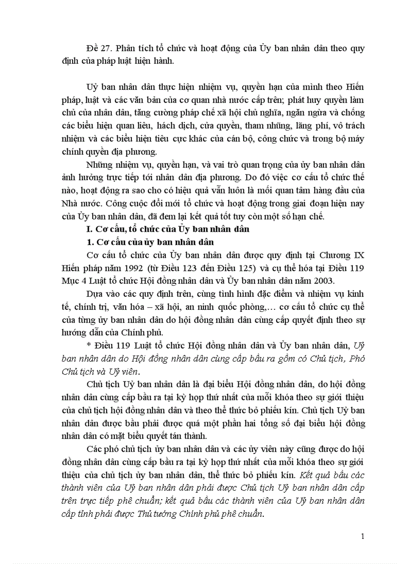 Đề 27 Phân tích tổ chức và hoạt động của Ủy ban nhân dân theo quy định của pháp luật hiện hành